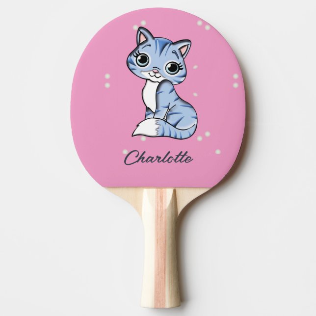 Cute blue cat on pink custom name ping pong paddle (Front)