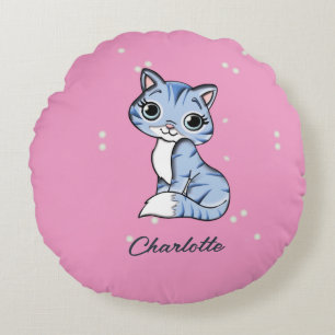 Cute blue cat on pink custom name round cushion