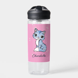 Cute blue cat on pink custom name water bottle