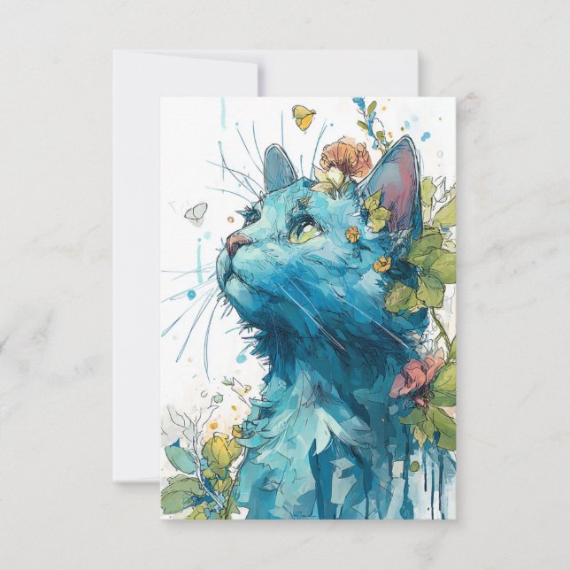 Cute Blue Cat with Flowers Thank You Card (Front)