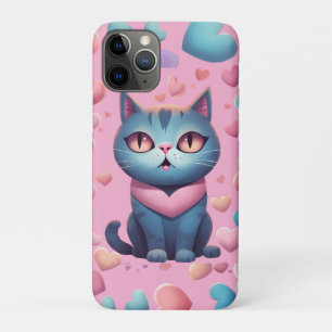Cute Blue Cat With Hearts Hoodie Kawaii Valentin Case-Mate iPhone Case