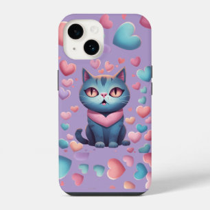 Cute Blue Cat With Hearts Hoodie Kawaii Valentin iPhone 14 Case