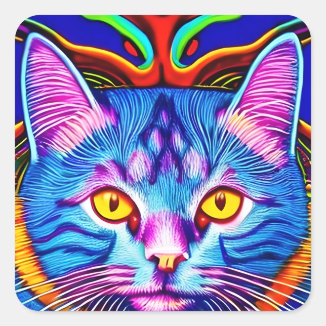 Cute Blue Cat with Yellow Eyes Ai Art Square Sticker (Front)