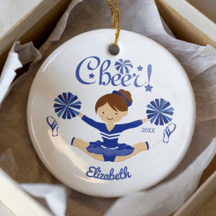 Cute Blue Cheer Brunette Cheerleader Ornament
