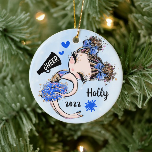 Cute Blue Cheerleader Girl Ornament Brown Hair (Tree)