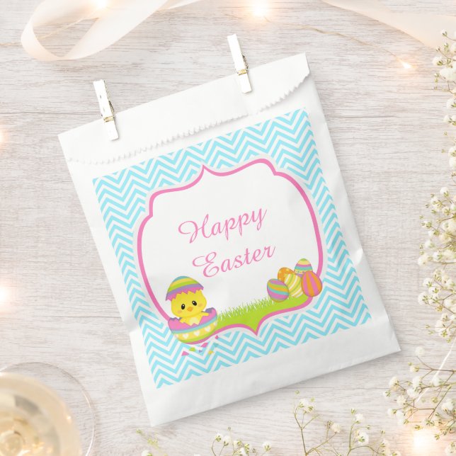 Cute Blue Chevrons Easter Chick Easter Egg Hunt Favour Bags (Clipped)