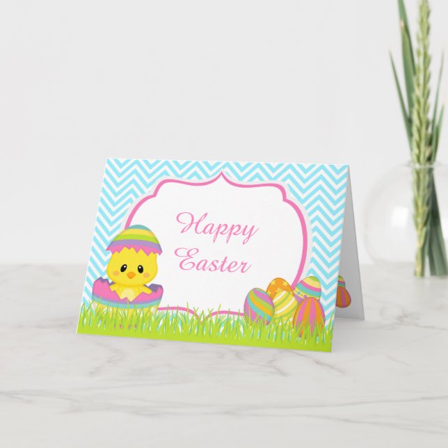 Cute Blue Chevrons Easter Chick Easter Egg Hunt Holiday Card (Front)