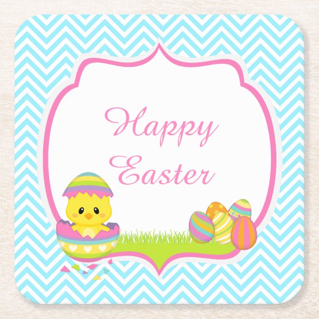 Cute Blue Chevrons Easter Chick Easter Egg Hunt Square Paper Coaster (Front)