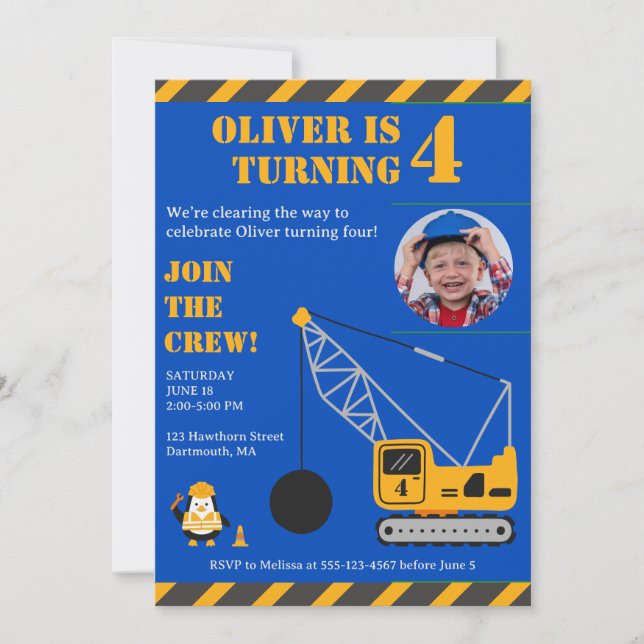 Cute Blue Children's Construction Birthday Invitation (Front)