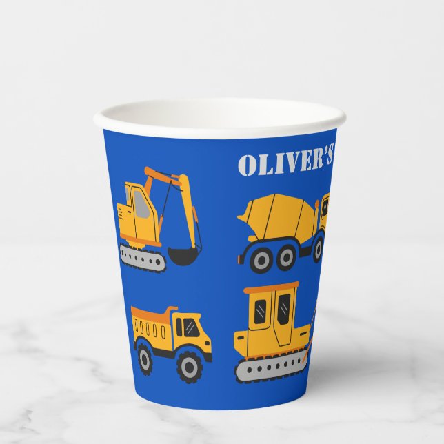 Cute Blue Children's Construction Birthday  Paper Cups (Front)