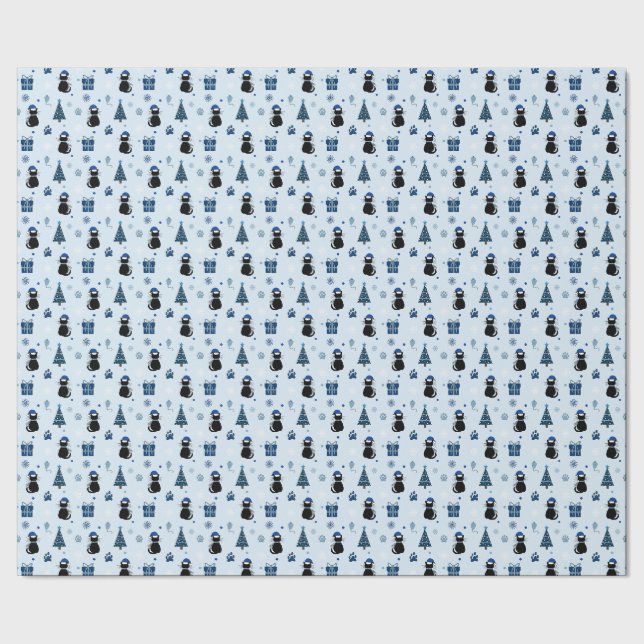 Cute Blue Christmas Cat Snowflakes Holiday Pattern Wrapping Paper (Seam)