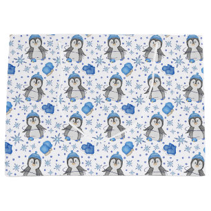 Cute Blue Christmas Ice Skating Penguin Large Gift Bag