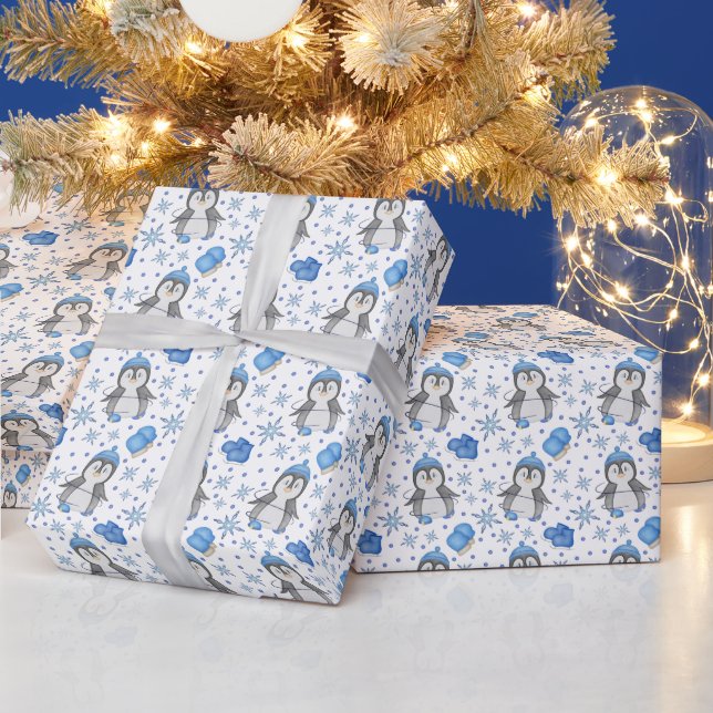 Cute Blue Christmas Ice Skating Penguin Wrapping Paper (Holidays)