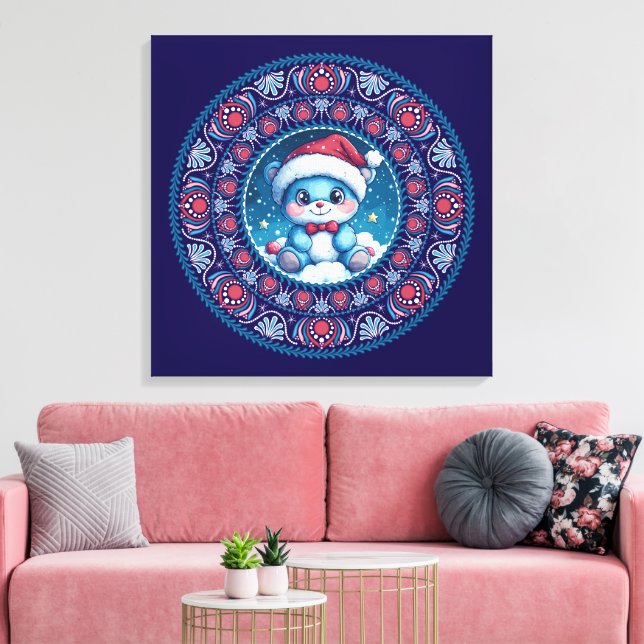 Cute Blue Christmas Kawaii Bear Dot Mandala Canvas (Insitu(LivingRoom))