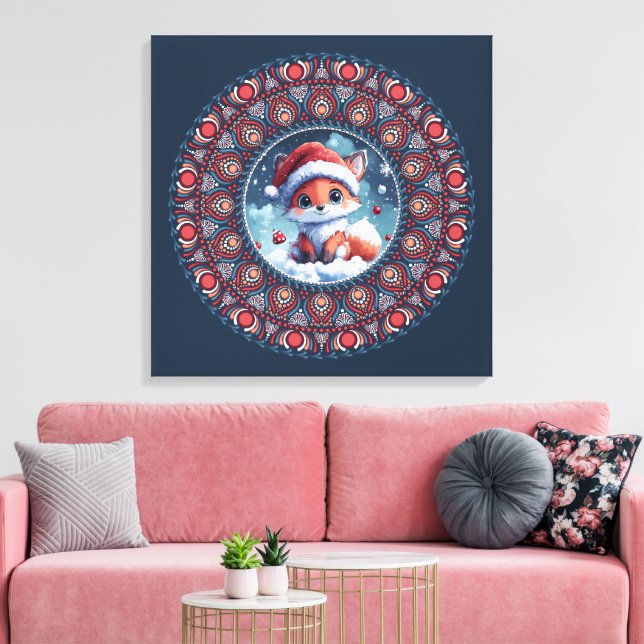 Cute Blue Christmas Kawaii Fox Dot Mandala Canvas (Insitu(LivingRoom))