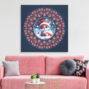 Cute Blue Christmas Kawaii Fox Dot Mandala Canvas Print