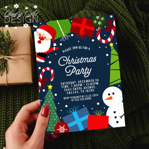 Cute Blue Christmas Party Santa & Snowman Invitation