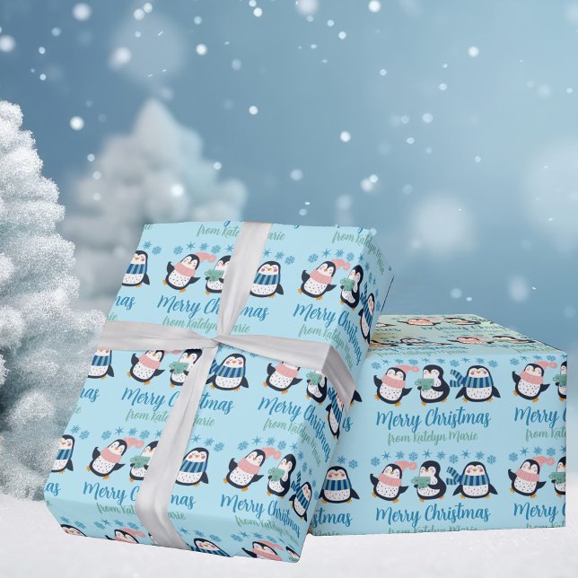 Cute Blue Christmas Penguin Snowflake Personalised Wrapping Paper (Creator Uploaded)