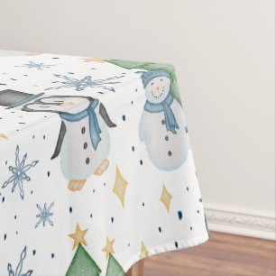 Cute Blue Christmas Snowman Penguin Tablecloth