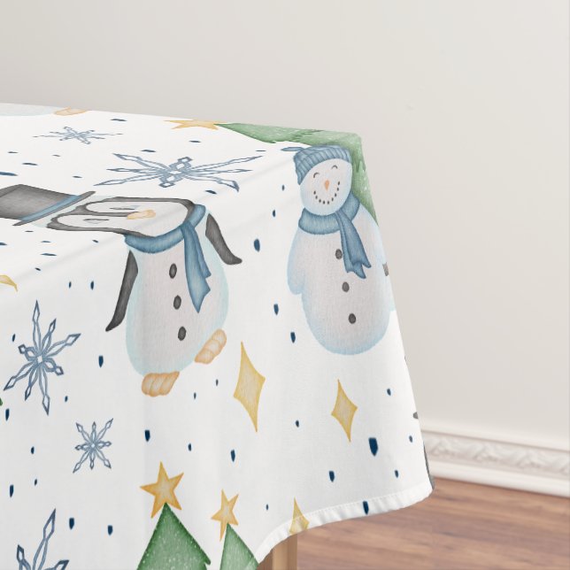 Cute Blue Christmas Snowman Penguin Tablecloth (In Situ)