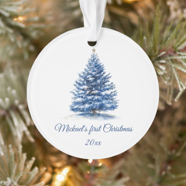 Cute Blue Christmas Tree Personalised Baby’s First Ornament (Tree)