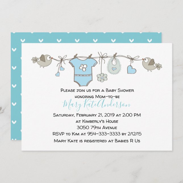 Cute Blue Clothes Line It's a Boy BABY SHOWER Invitation (Front/Back)