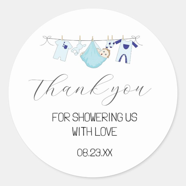 Cute Blue Clothesline Baby Shower Thank You Favour Classic Round Sticker (Front)