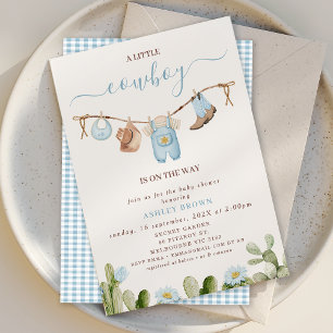 Cute Blue Clothesline Cactus Cowboy Baby Shower Invitation