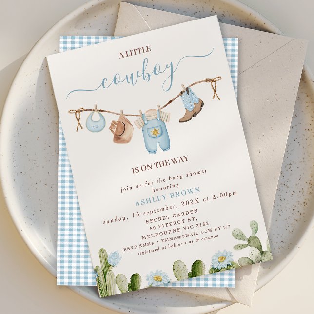 Cute Blue Clothesline Cactus Cowboy Baby Shower Invitation (Little Cowboy Baby Shower Invitation Blue Floral Cactus, Cowboy Baby Shower Invitation Clothesline)