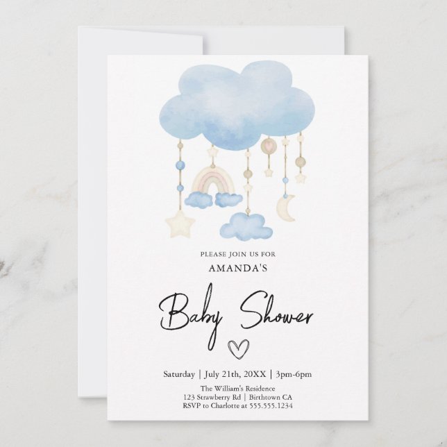 Cute Blue cloud Boy Baby Shower  Invitation (Front)