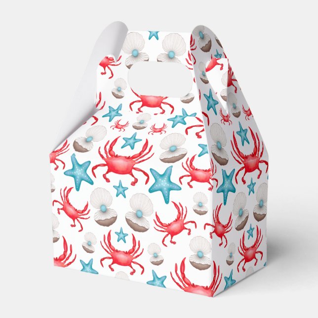 Cute Blue Coastal Seaside Crab & Shell Pattern Favour Box (Front Side)
