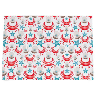 Cute Blue Coastal Seaside Crab & Shell Pattern Large Gift Bag