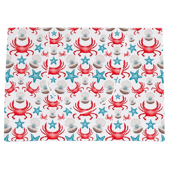 Cute Blue Coastal Seaside Crab & Shell Pattern Large Gift Bag (Front)