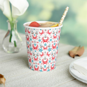 Cute Blue Coastal Seaside Crab & Shell Pattern Paper Cups