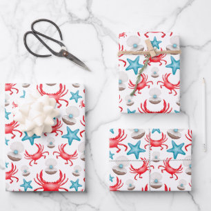 Cute Blue Coastal Seaside Crab & Shell Pattern Wrapping Paper Sheet