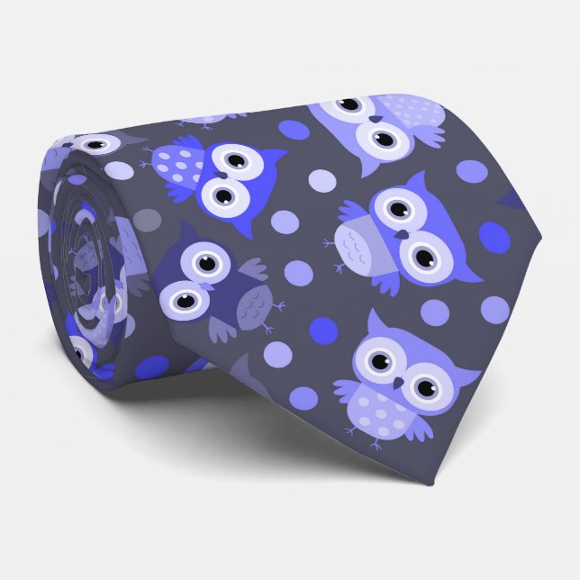 Cute blue colourful owl pattern tie (Rolled)