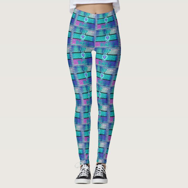 Cute blue colourful patches abstract geometric leggings (Front)