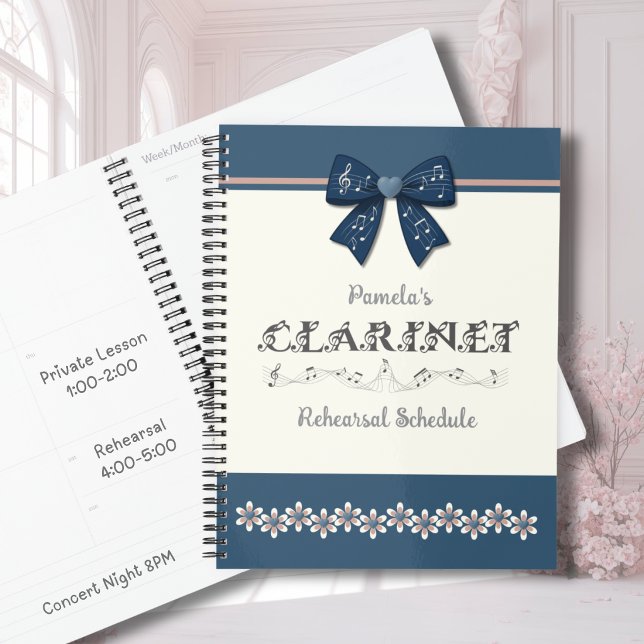 Cute Blue Coquette Bow Clarinet Band Planner (Cute blue coquette bow clarinet planner for teen girls to take to school band rehearsals.)