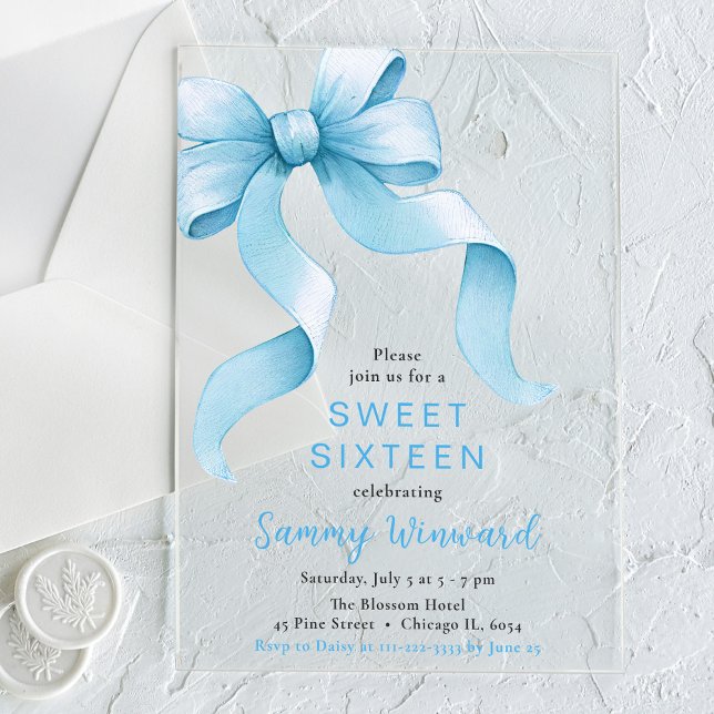 Cute Blue Coquette Bow Sweet Sixteen Acrylic Invitations (Creator Uploaded)