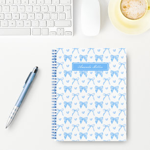 Cute Blue Coquette Bows Hearts Personalised Name Notebook