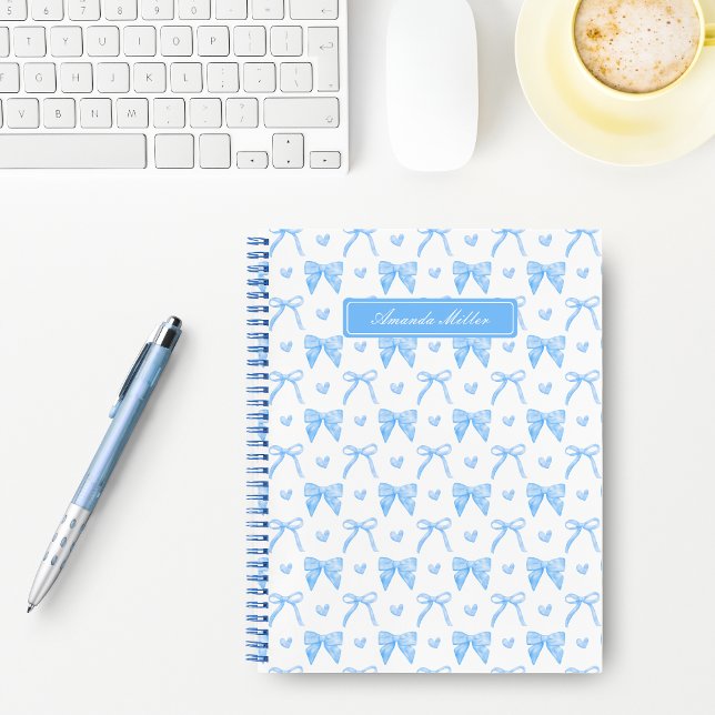 Cute Blue Coquette Bows Hearts Personalised Name Notebook (Creator Uploaded)