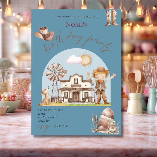 Cute Blue Cowboy Birthday Invitation (Creator Uploaded)