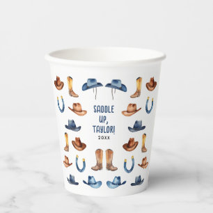 Cute Blue Cowboy Western Derby Watercolor Pattern Paper Cups