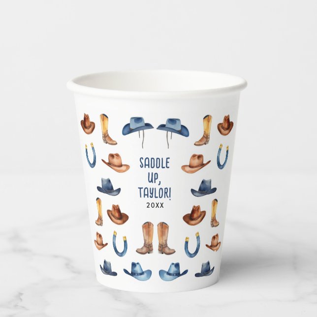 Cute Blue Cowboy Western Derby Watercolor Pattern Paper Cups (Front)