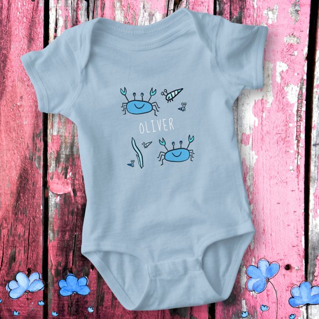 Cute Blue Crab Sea Animals Boy Name Baby Bodysuit (Creator Uploaded)