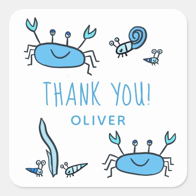 Cute Blue Crab Sea Animals Boy Thank you Birthday Square Sticker (Front)