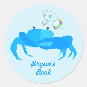Cute Blue Crab with Bubbles Nautical Book Plate Classic Round Sticker