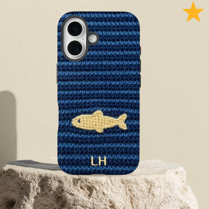 Cute Blue Crochet Fish Yarn Custom Name iPhone 16 Case