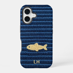 Cute Blue Crochet Fish Yarn Custom Name iPhone 16 Case