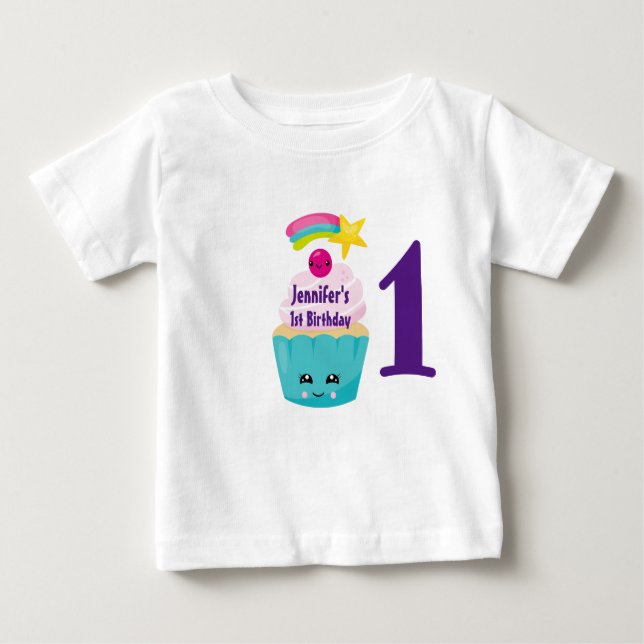 Cute Blue Cupcake with Kawaii Face 1st Birthday Baby T-Shirt (Front)